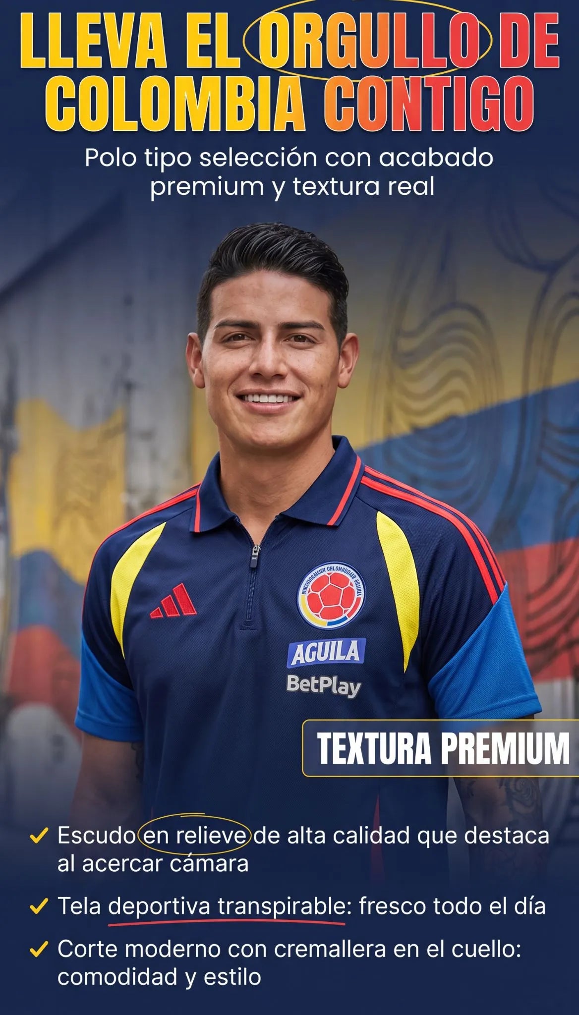 CAMISETA TIPO POLO AZUL OSCURA SELECCION COLOMBIA